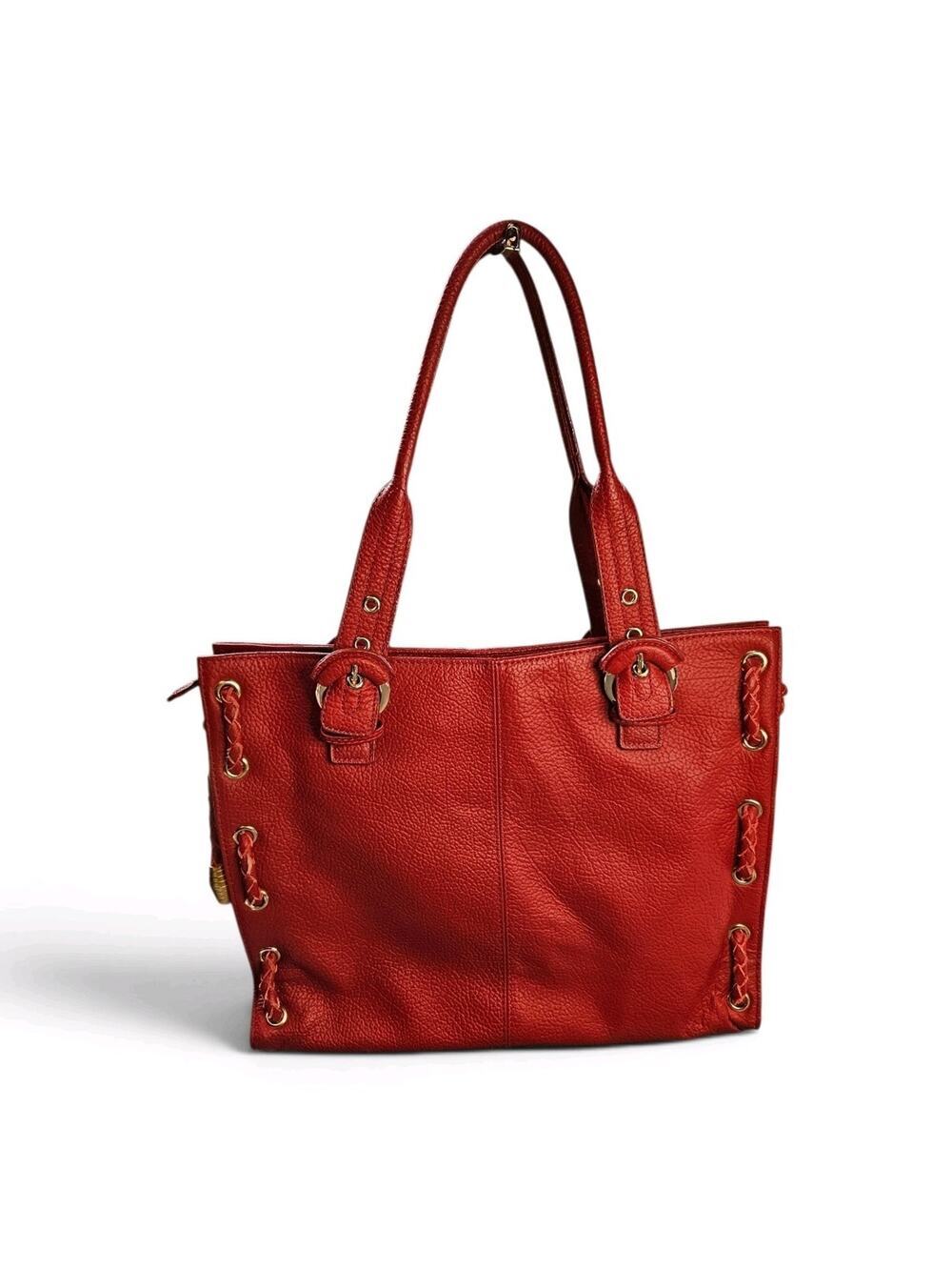 Women's Red Pebbled Leather Zip Tote Bag Gold Hardware Carry-on